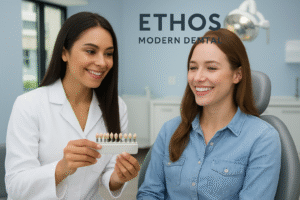 Dentist at Ethos Modern Dental showing a dental shade guide to a smiling patient during a cosmetic dentistry consultation, with the clinic’s logo displayed in the background.