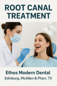 Dentist at Ethos Modern Dental performing a root canal consultation with a patient, showing modern dental tools and clean clinic environment, representing Root Canal Treatment services in Edinburg, McAllen, and Pharr TX