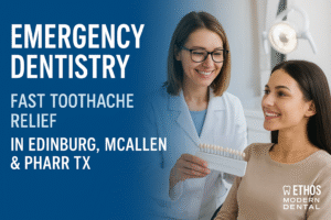 Modern dental clinic banner showing a friendly dentist, smiling patient, and advanced dental technology representing Ethos Modern Dental in Edinburg–McAllen–Pharr TX