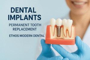 Dental implant procedure illustration showing titanium implant placement and artificial crown used at Ethos Modern Dental in Edinburg, McAllen, and Pharr TX